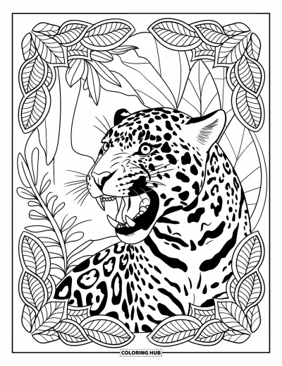 Coloriage de jaguar pour adultes : Un jaguar avec la bouche ouverte et des dents acérées se dresse contre une toile de fond de jungle de mandala feuillue
