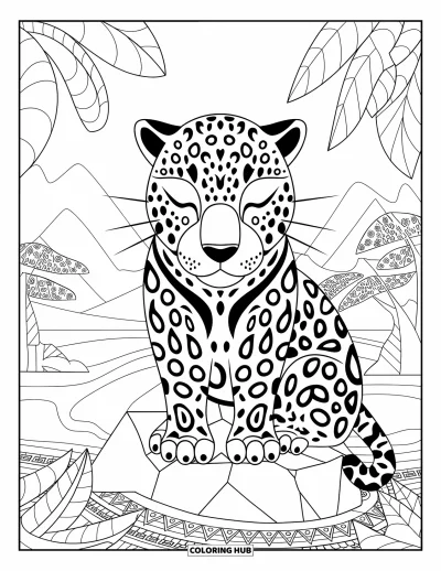 Coloriage de jaguar pour adultes : Un jaguar avec des marques tribales est assis sur un rocher dans une scène d’eau, d’arbres et de motifs