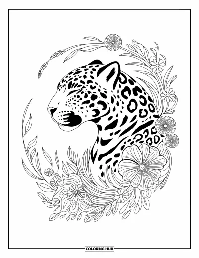 Coloriage de jaguar pour adultes : Une tête de jaguar méditative de profil flotte parmi des tourbillons et des feuilles florales détaillées