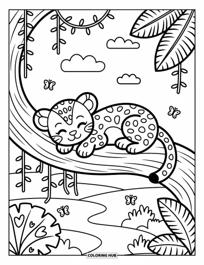 Coloriage de jaguar pour adultes : Un bébé jaguar qui fait la sieste se repose parmi les vignes et les feuilles avec une rivière et des nuages doux en contrebas