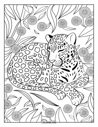 Coloriage de jaguar pour adultes : Un jaguar paisible est allongé sur des feuilles stylisées avec un fond de détails floraux texturés