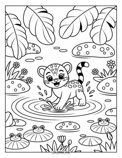 Coloriage de jaguar pour adultes : Un bébé jaguar enjoué crée des ondulations dans une rivière avec des grenouilles, des roches et des fleurs à proximité
