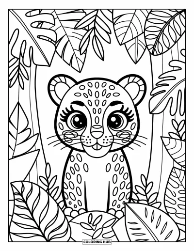Coloriage de jaguar pour adultes : Un jaguar enjoué jette un coup d’œil derrière les vignes avec des feuilles douces et de charmants éléments miniatures