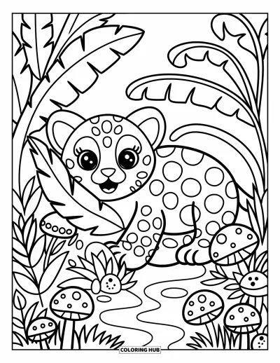 Coloriage de jaguar pour adultes : Un jaguar enjoué jette un coup d’œil à travers les feuilles de la jungle avec un ruisseau et des champignons pointillés derrière