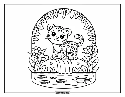 Coloriage de jaguar pour adultes : Un jaguar fier se tient sur un rocher près d’une cascade, entouré de fleurs et d’arches feuillues