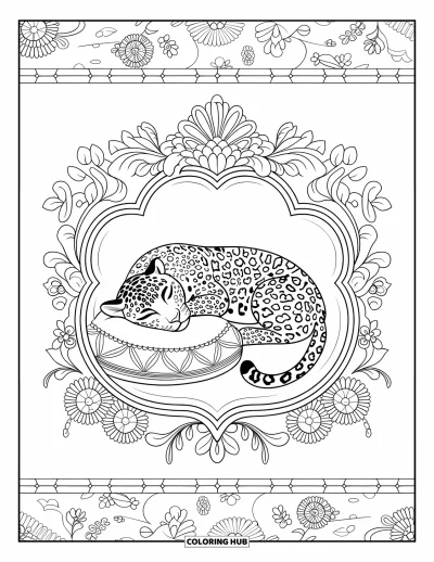 Coloriage de jaguar pour adultes : Un jaguar détendu fait la sieste sur un oreiller à l’intérieur d’une bordure florale et d’un tissu à motifs doux