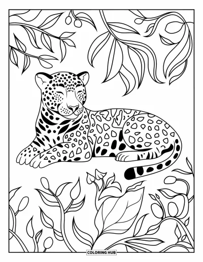 Coloriage de jaguar pour adultes : Un jaguar détendu se repose parmi des feuilles et des fleurs remplies de traits détaillés