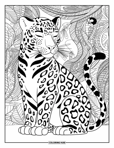 Coloriage de jaguar pour adultes : Un jaguar assis avec les yeux fermés est encadré par des feuilles de jungle à motifs, des vignes et des animaux