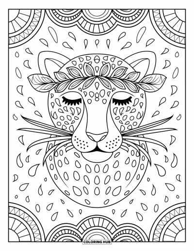 Coloriage de jaguar pour adultes : Un visage de jaguar serein avec une couronne de feuilles est encadré par des taches tribales et un fond à motifs