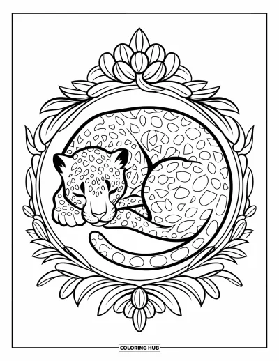 Coloriage de jaguar pour adultes : Un jaguar endormi se recroqueville à l’intérieur d’un cadre floral avec des détails botaniques complexes et épurés