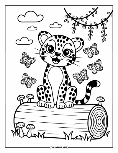 Coloriage de jaguar pour adultes : Un jaguar souriant regarde les papillons près d’une bûche décorée de champignons et de fleurs
