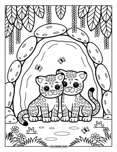Coloriage de jaguar pour adultes : Deux jaguars câlins se reposent dans une tanière confortable encadrée de mousse, de papillons et de créatures de la jungle