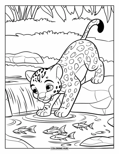 Coloriage de jaguar pour enfants : Un bébé jaguar est en équilibre sur un rocher près d’un étang avec des poissons qui nagent et de grands arbres