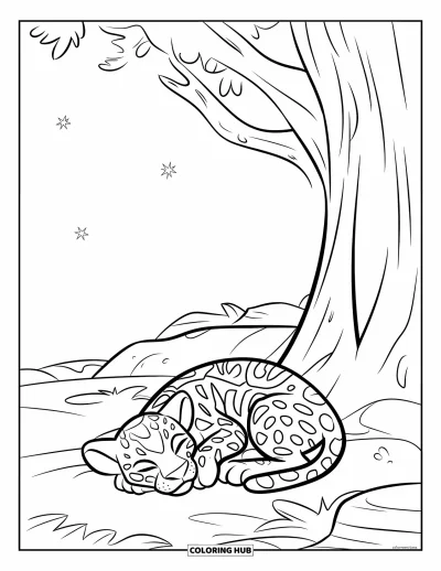 Coloriage de jaguar pour enfants : Un bébé jaguar se recroqueville sous un arbre sur un sol rocheux sous un ciel étoilé
