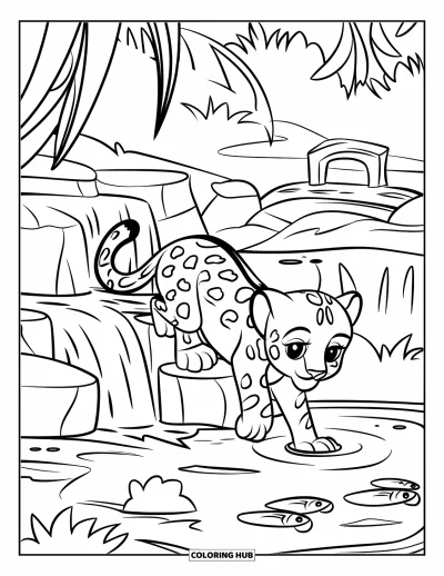 Coloriage de jaguar pour enfants : Un bébé jaguar trempe une patte dans l’eau près d’une cascade et d’un étang à poissons