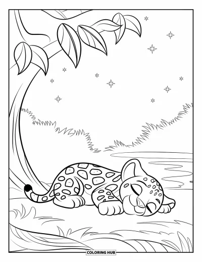 Coloriage de jaguar pour enfants : Un bébé jaguar dort sous un arbre près de l’eau avec quelques étoiles dans le ciel clair