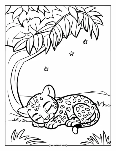Coloriage de jaguar pour enfants : Un bébé jaguar dort sous un arbre aux grandes feuilles avec des étoiles dans le ciel