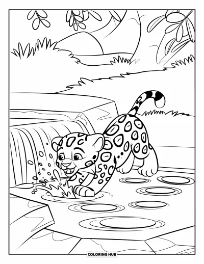 Coloriage de jaguar pour enfants : Un bébé jaguar éclabousse de l’eau dans un étang près d’une petite cascade dans une jungle verte