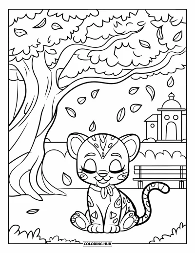 Coloriage de jaguar pour enfants : Un bébé jaguar portant une écharpe rouge se repose sous un arbre feuillu à côté d’un banc et d’un bâtiment rouge