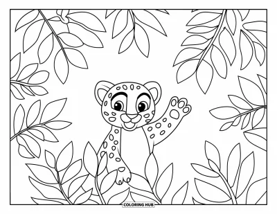 Coloriage de jaguar pour enfants : Un jaguar de style dessin animé fait signe de la main à partir d’un buisson rempli de feuilles rondes dans un cadre propre