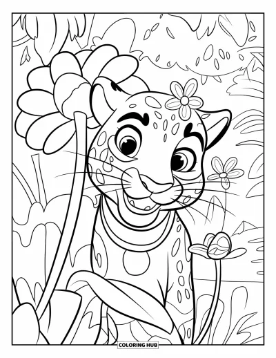 Coloriage de jaguar pour enfants : Un jaguar joyeux jette un coup d’œil derrière une fleur avec un collier et une fleur sur la tête