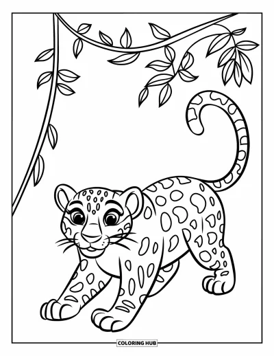 Coloriage de jaguar pour enfants : Un jaguar joyeux marche à travers de simples vignes de la jungle sur un fond blanc
