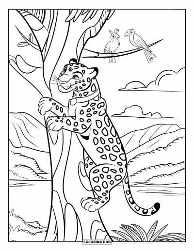Coloriage de jaguar pour enfants : Un jaguar à collier grimpe vers des oiseaux dans un arbre avec des montagnes et un lac derrière