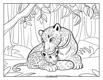 Coloriage de jaguar pour enfants : Un jaguar à collier serre son petit dans ses bras sous les arbres de la forêt