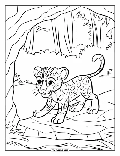 Coloriage de jaguar pour enfants : Un bébé jaguar curieux explore une grotte rocheuse de la jungle