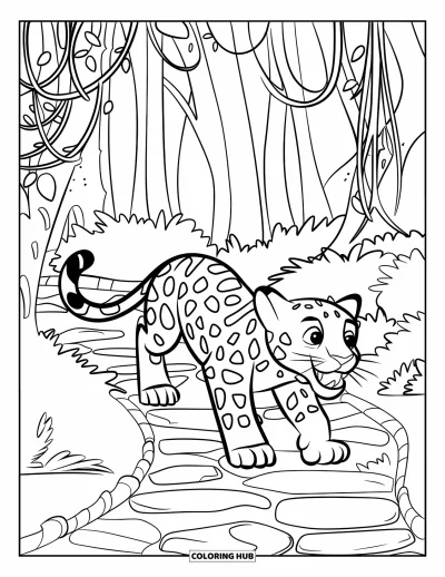 Coloriage de jaguar pour enfants : Un jaguar curieux marche le long d’un sentier de la jungle bordé de vignes et de dalles de pierre