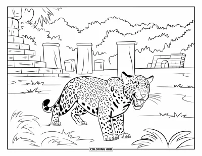 Coloriage de jaguar pour enfants : Un jaguar féroce passe devant d’anciennes ruines avec des piliers de pierre et de la verdure