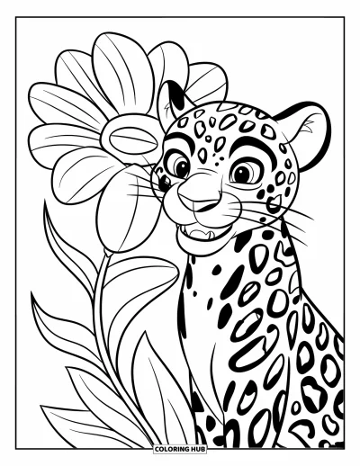 Coloriage de jaguar pour enfants : Un jaguar souriant jette un coup d’œil derrière une fleur à motifs sur un fond blanc