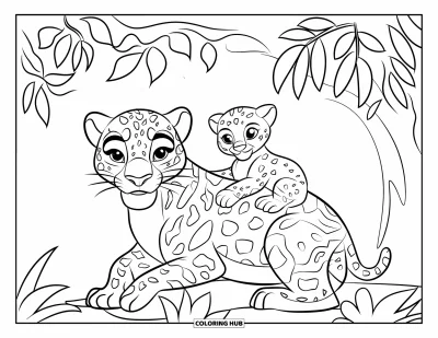 Coloriage de jaguar pour enfants : Un jaguar et son petit se câlinent sous les feuilles dans une clairière de la jungle