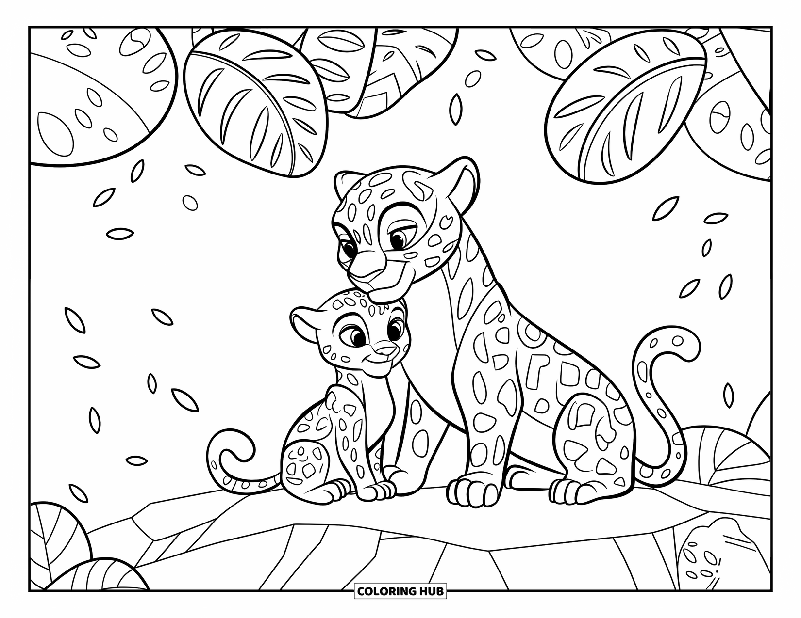 Jaguar Ausmalbild für Kinder: Ein Jaguar und ein Junges sitzen auf einem Felsen und umarmen sich unter belaubten Formen