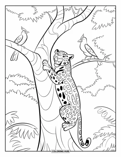 Coloriage de jaguar pour enfants : Un jaguar grimpe à un arbre alors que deux oiseaux regardent à partir d’une branche à écorce lisse