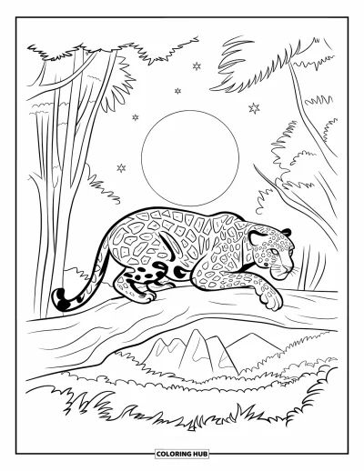 Coloriage de jaguar pour enfants : Un jaguar s’accroupit sur une branche, éclairé par une pleine lune brillante