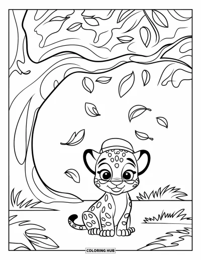 Coloriage de jaguar pour enfants : Un bébé jaguar avec un petit chapeau se repose sous un arbre avec de grandes branches et un arrière-plan propre