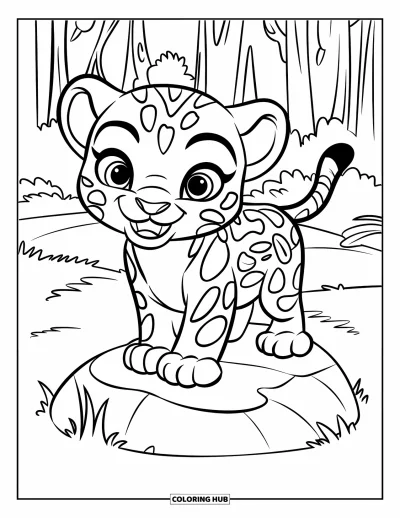 Coloriage de jaguar pour enfants : Un bébé jaguar avec des oreilles mignonnes et de grands yeux sourit sur un rocher dans une forêt calme