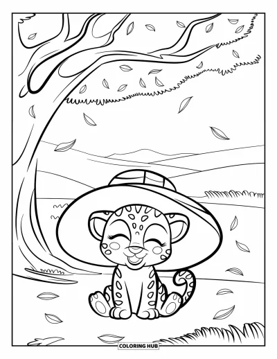 Coloriage de jaguar pour enfants : Un jaguar avec un chapeau mou est assis paisiblement sous un arbre feuillu avec des feuilles et des collines éparpillées