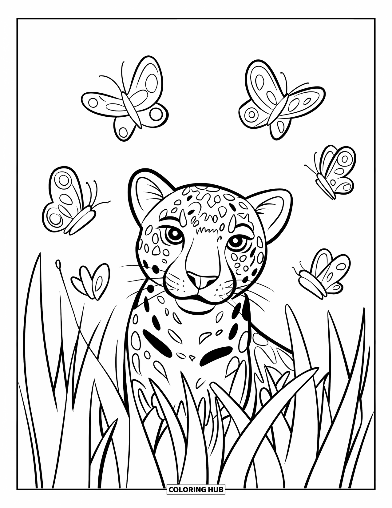 Jaguar Ausmalbild für Kinder: Ein Jaguar späht aus hohem Gras, während Schmetterlinge in der Nähe auf einem einfachen Grasfeld herumflattern
