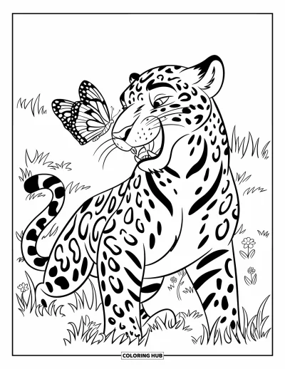 Coloriage de jaguar pour enfants : Un jaguar ouvre la bouche de façon ludique alors qu’un papillon se perche sur son nez dans un champ floral