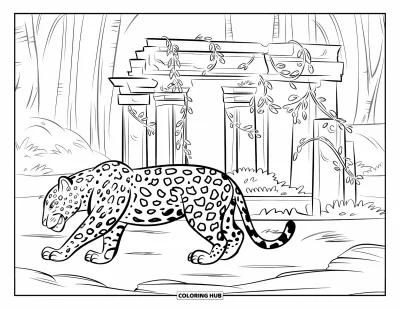 Coloriage de jaguar pour enfants : Un jaguar rôde près des ruines de la jungle recouvertes de vignes sous de grands arbres