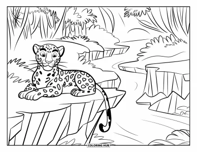 Coloriage de jaguar pour enfants : Un jaguar se repose sur le bord d’une falaise, regardant une rivière de la jungle en contrebas