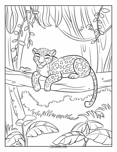 Coloriage de jaguar pour enfants : Un jaguar se repose paisiblement sur une grande branche dans une jungle remplie de vignes et d’arbres