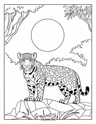 Coloriage de jaguar pour enfants : Une silhouette de jaguar se dresse sur un rocher contre la pleine lune