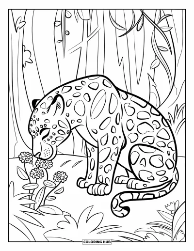 Coloriage de jaguar pour enfants : Un jaguar est assis paisiblement, le nez sur les fleurs sur un sentier de la jungle
