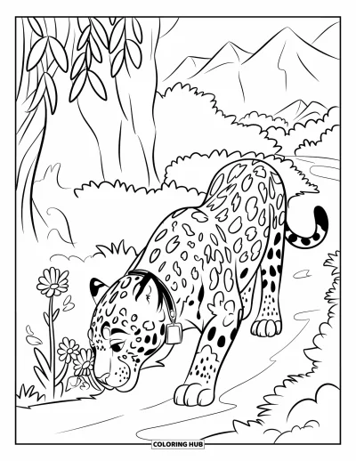 Coloriage de jaguar pour enfants : Un jaguar renifle les fleurs de la jungle le long d’un sentier caché tranquille