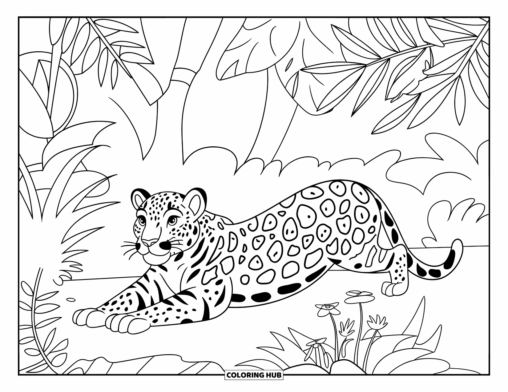 Jaguar Ausmalbild für Kinder: Ein Jaguar streckt sich in einer Dschungellichtung in der Nähe von Blumen und belaubtem Laub