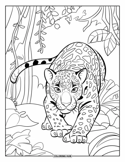 Coloriage de jaguar pour enfants : Un jaguar attend dans de hautes plantes de la jungle, prêt à bondir