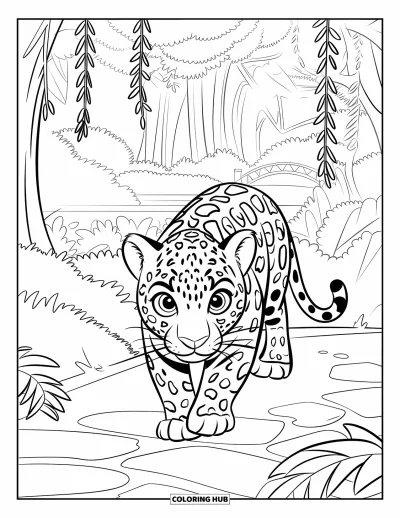 Coloriage de jaguar pour enfants : Un jaguar descend un sentier de la jungle vers un pont sous de grands arbres et des vignes